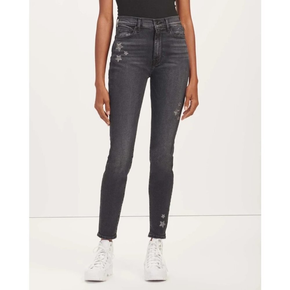 7 for All Mankind Silver Star Embroidery High Waist‎ Ankle Skinny Jeans
